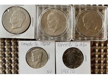 (3) Eisenhower Dollar Coins And (2) Kennedy Have Dollar Coins
