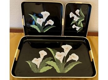 Vintage Lacquer Ware Made In Japan Floral Pattern (3) Piece Tray Set