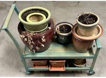 Vintage Wooden Plant Cart With Assorted Pots - Ceramic And Terracotta (as Is)