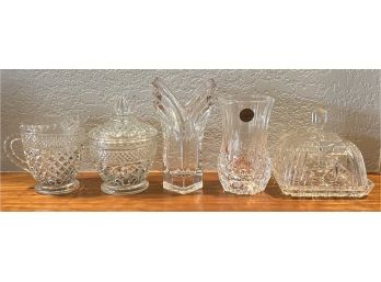 (5) Assorted Pieces Of Crystal And Pressed Glass - Cream, Sugar, Vases, And Lidded Dish