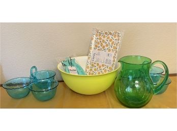 Collection Of Colorful Plastic Outdoor Serving Dishes - Pitcher, Bowl, Tray, Pineapple Ice Cube Tray, And More