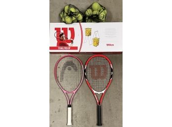 Tennis Collection With Wilson And Head Racket, Wilson 75 Ball Pick-up In Original Box, And Tennis Balls