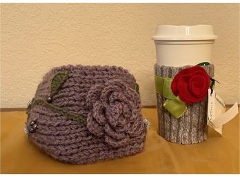 Hand Crocheted Floral Head Band And Starbucks Cup With Hand Crocheted Coffee Sleeve