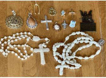 Collection Of Pendants And Religious Pieces - Rosaries, Crosses, Sterling Sliver Pin, Gold Filled Cross