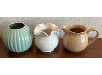 (3) Vintage Pottery Pieces Shawnee USA Ruffled Vase, Waechtersbach Germany Pitcher, And USA Vase