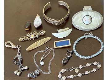 Antique Copper Cuff Bracelet, Mother Of Pearl Victorian Clip, Bar Pins, Sterling Silver Bracelet, Necklace