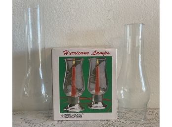 International Silver Company Silver Plated Hurricane Lamps In Original Box With 2 Extra Clear Glass Chimneys