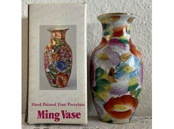 Vibrant Hand Painted Fine Porcelain Ming Vase In Original Box