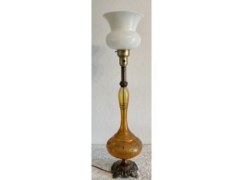 Midcentury Modern Orange Art Glass Gold Painted Brass Base Lamp (works)