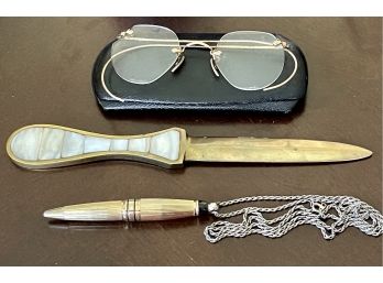 Antique 12K GF Wire Rim Glasses In Original Case, Mother Of Pearl & Brass Letter Opener & Chain Necklace Pen