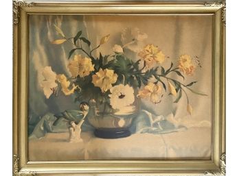 Large Oil On Canvas Painting Floral Planter With Bird Marked M & B Inc NY In Gold Frame