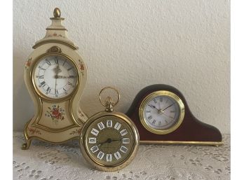 (3) Assorted Small Clocks - Swiss Made, Westclox, & Unmarked