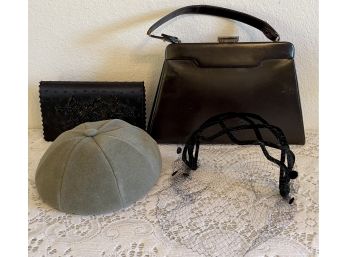 Antique Lederer De Paris Green Felt Cap Hat & Crown Louis Leather Hand Bag & Vintage Net Hat