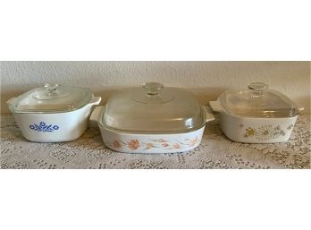 (3) Assorted Pattern Lidded Corning Ware Dishes Blue Cornflower, Floral Bouquet & Peach Floral