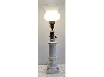Large Porcelain & Brass Lamp With Gold Accent & Glass Shade (works)