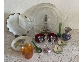 Assorted Lot Of Ceramic/glassware Including Carnival Glass, Cranberry Glass, & More
