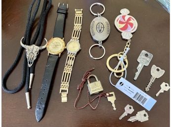 Time & Gold Tone Watch,  Bolo Tie (2) Key Chains One With Original Tag, Jaguar Lock And Assorted Vintage Keys