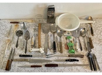Large Lot Of Cookware Including Silver Plat, Strainers, Knives, Cutlery, & More