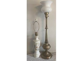 Large Brass Lamp With White Glass Shade & Glazed Ceramic Lamp With Floral Pattern ( As Is)