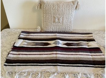 Cream Color Hand Made Crochet Pillow Case & Mexican Wool Rug