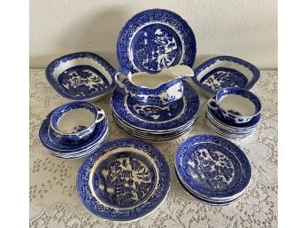 Allertons England Blue Willow China Set Including Gravy Boat, Dinner Plates, Teacups & More (as Is)