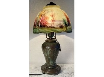 Original Antique Bronze Base Handel Reverse Painted Slag Glass Shade Lamp (works)