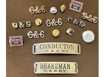 Antique Burlington Railroad & C. & S. RY. Conductor & Brakeman Hat Plaques With Lapel Pins, Buttons & More