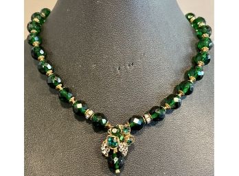 Stunning Vintage Rare DeMario NY Faceted Green Crystal Bead Necklace With Gold Accents And Flower Accent