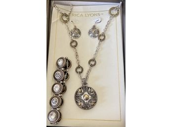 Erica Lyons Silver Tone  & Rhinestone Pendant Necklace, Earrings And Stretch Bracelet In Original Box