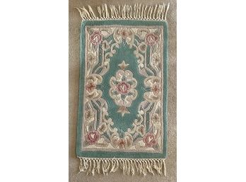 Small 100 Percent Cotton Turquoise & Pink Rug With Fringe