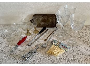 Assorted Barware Including Vintage Wine Glasses, Cordial Art Glass, Openers, Stirrers And More