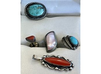 Vintage Sterling Silver Turquoise Navajo Stick Pin, Coral & Sterling Pendant And (3) Single Sterling Earrlings