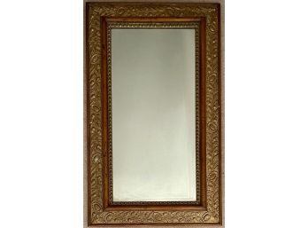 Antique Wood Framed Mirror With Gold Guilt Floral Raised Inset And Bead Trim