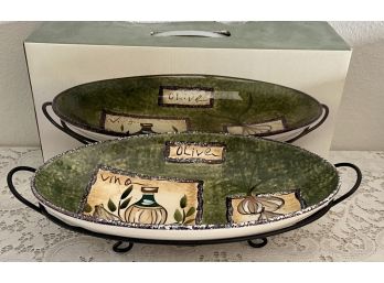 Ceramic Olive Dish With Metal Stand & Original Box
