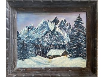 Winter Landscape Oil On Canvas By Mary Ross 1975 In Hand Carved Wooden Frame