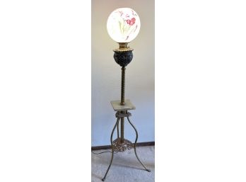 Victorian Brass Piano Lamp With Marble Shelf & Floral Hand Painted Glass Orb Shade (works)
