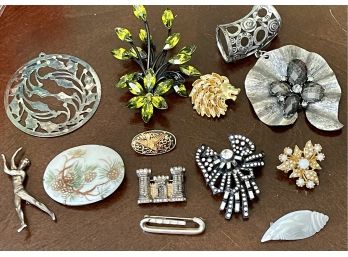 Vintage Pendant Pins, Kramer NY, Trifari Sterling Silver Castle, Sterling Ballerina, Rhinestones, MOP & More
