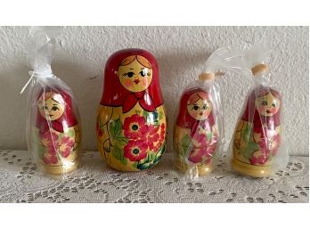 (3) Hand Painted Wooden Russian Nesting Dolls With Large Musical Chiming Doll