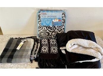 Trunk Organizer NIP, Two Black And White Anna & Ava Scarfs, Faux Sheep Skin Lined Blanket