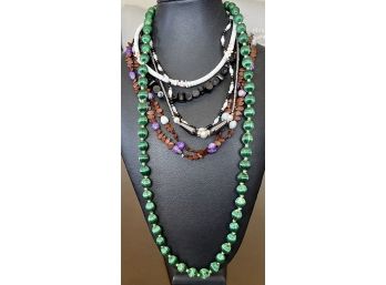 Collection Of Vintage Necklaces Wood, Bead, Satin Bead, Puka Shell, Hematite, Faux Pearls & More