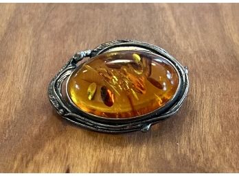 Vintage Art Nouveau 950 Sterling Silver And Amber Brooch Feathers 925 Pin Pendant