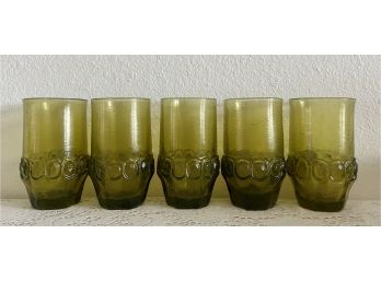 (5) Mid Century Modern Heavy Green Glassware Tumblers