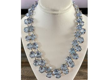 Vintage Blue Crystal Paste Bezel Set Necklace Open Back Silver Tone Gilt Metal