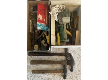 Small Lot Of Hand Tools & Hardware Including Hammers, Screwdrivers, Pliers, & More