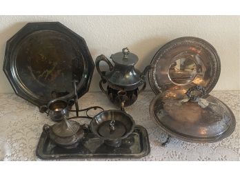 Silver Plate Lot Including Teapot, Plates, Lidded Dishes, Trays, & More