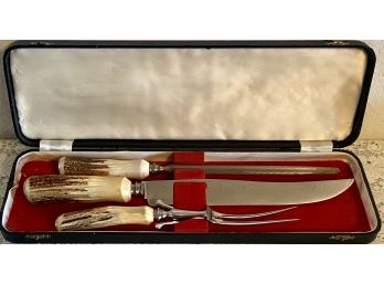 Stainless Steel Latham & Owen Sheffield England Antler Handle Carving Set With Hard Case