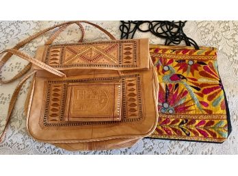 Kid Leather Tooled Bag And Wallet & Embroidered Bamboo Topped Material Bag