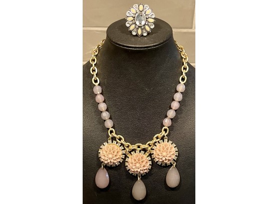 Lia Sophia Flower & Rhinestone Ring And Pink 3 Flower Necklace Gold Tone With Beads