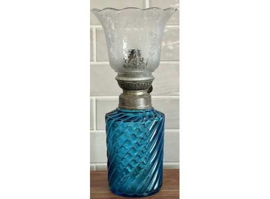 Antique French Kosmos & Brenner Blue Cylindrical Swirl Glass Oil Lamp With Etched Floral Shade