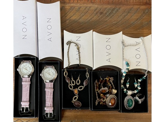(2) Avon Round Face Pastel Purple Watches - (3) Jewelry Sets Including Simple Glam - Beaded Chain Medallion